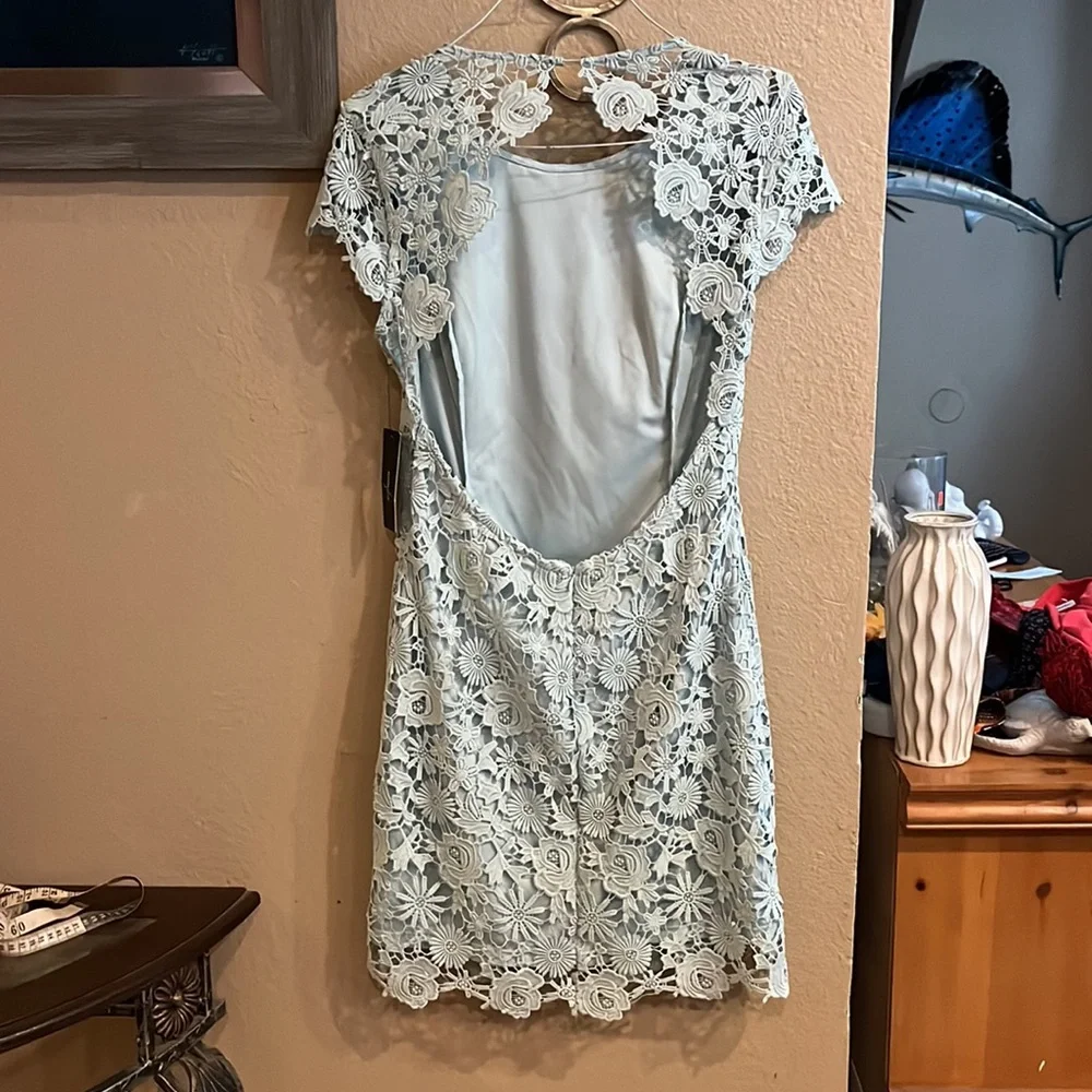 𝅺LULUS Romance Language light blue Backless Lace Dress NWT - Picture 11 of 12